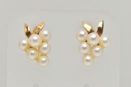 A PAIR OF CULTURED PEARL EARRINGS, each in the form of a bunch of grapes, yellow metal post and
