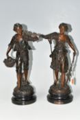 TWO FRENCH BRONZED SPELTER FIGURES, comprising La Premiere Cueillée and La Glaneuse, height of