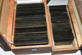 TWO WOODEN BOXES OF GLASS NEGATIVES, subjects include topographical, buildings, scenic, dogs, people