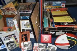 FOUR BOXES & LOOSE OF SPORTING BOOKS, MAGAZINES, FRAMED COLLAGES & EPHEMERA, book titles include