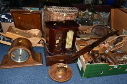 TWO BOXES AND LOOSE TREEN AND WOODEN ITEMS ETC, to include a Mauchline ware thread holder in the
