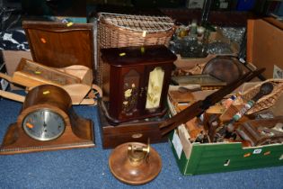 TWO BOXES AND LOOSE TREEN AND WOODEN ITEMS ETC, to include a Mauchline ware thread holder in the