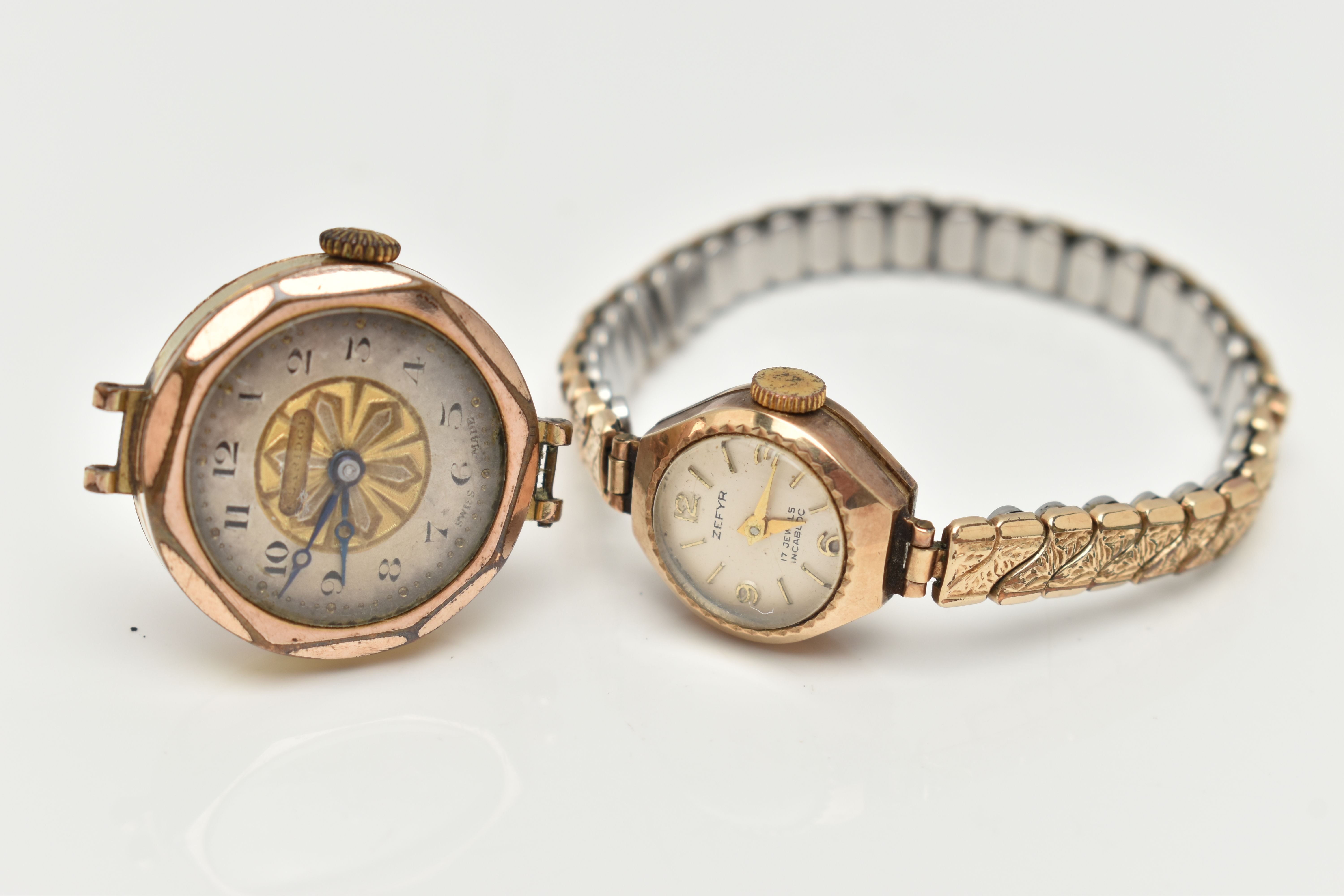 TWO YELLOW METAL WATCHES, to include a wristwatch, the white dial with gilt Arabic and hourly - Image 2 of 4