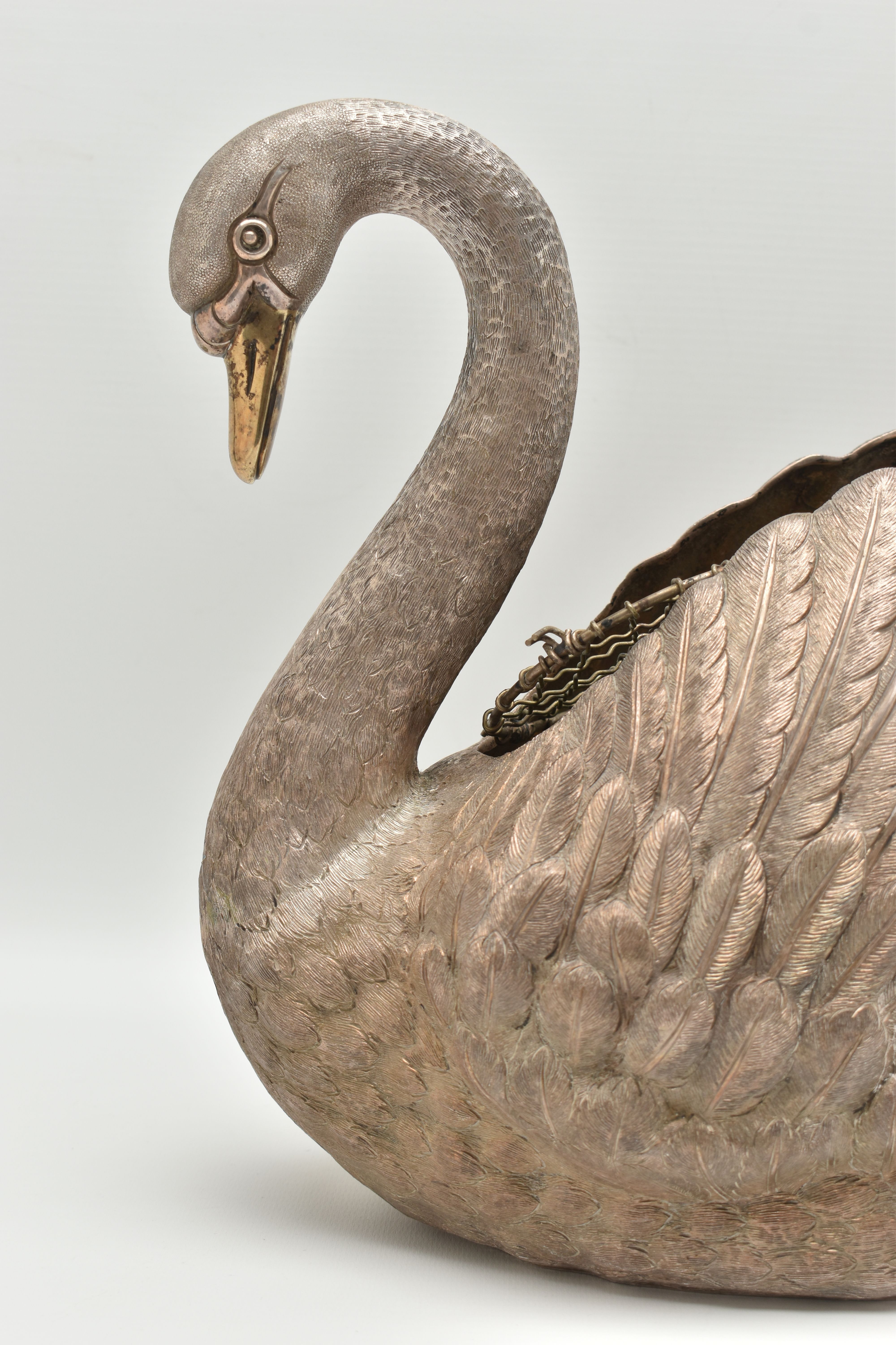 AN ELIZABETH II SILVER FLORAL CENTREPIECE, realistically textured swan with a gold plated beak, open - Image 2 of 10