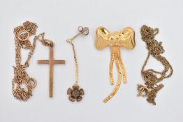SMALL ASSORTMENT OF JEWELLERY, to include a polished 9ct gold cross pendant, hallmarked 9ct
