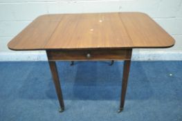A 19TH CENTURY MAHOGANY DROP LEAF PEMBROKE TABLE, with a single frieze drawer, on square tapered
