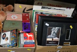 THREE BOXES OF EPHEMERA comprising a large number of playing cards, sports books, rugby league,