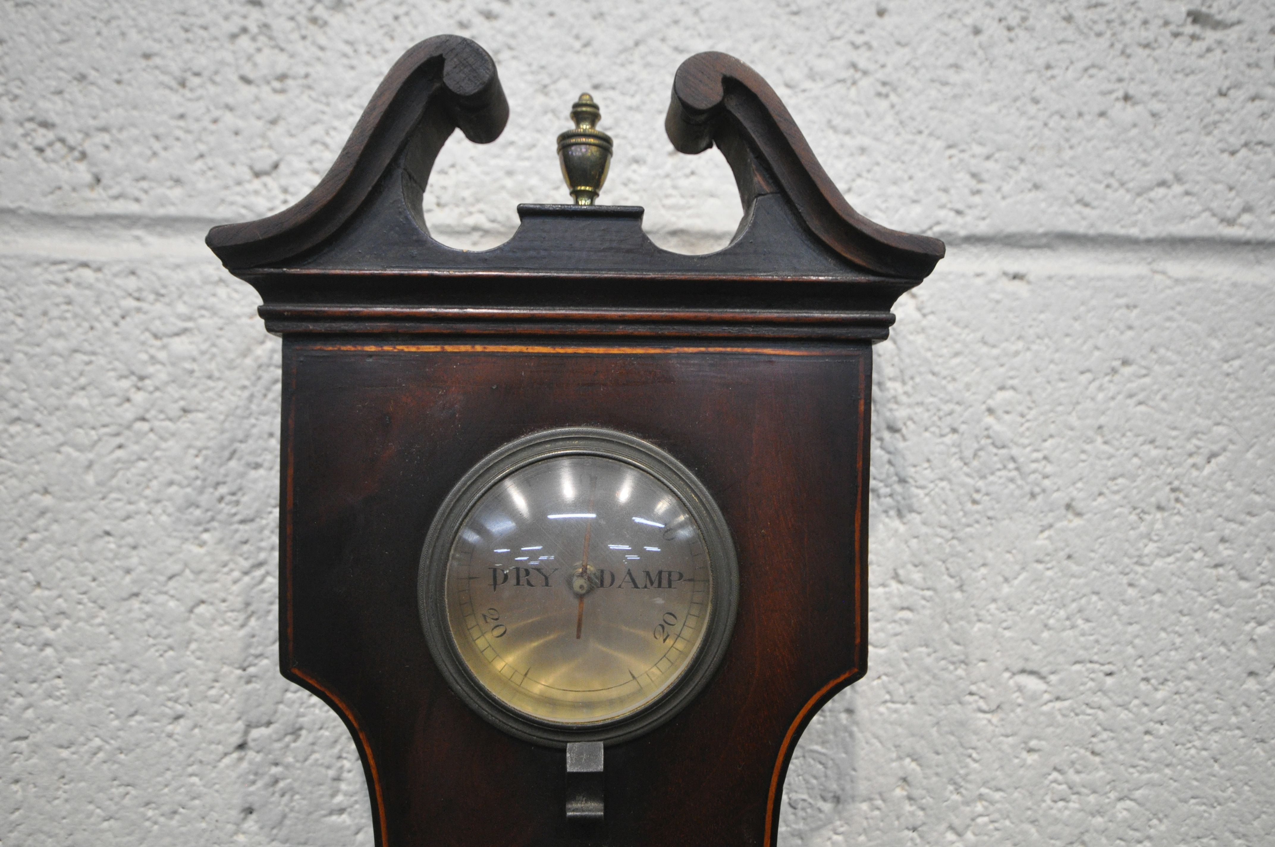 A 19TH CENTURY MAHOGANY BANJO BAROMETER, with swan neck pediment, small brass finial, a dry / damp - Image 2 of 7