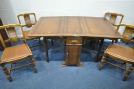A 20TH CENTURY OAK DROP LEAF TABLE, with a single drawer and door to each side, open width 151cm x
