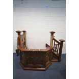 A 20TH CENTURY PITCH PINE PULPIT, with three steps, the banister with quatrefoil design, width