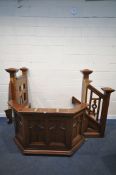 A 20TH CENTURY PITCH PINE PULPIT, with three steps, the banister with quatrefoil design, width