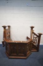 A 20TH CENTURY PITCH PINE PULPIT, with three steps, the banister with quatrefoil design, width