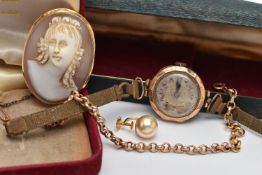 FOUR ITEMS OF JEWELLERY, to include a 14ct gold oval cameo, depicting a lady in profile, collet