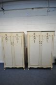 TWO FRENCH CREAM DOUBLE DOOR WARDROBES, largest width 125cm x depth 58cm x height 193cm, the smaller