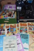 ONE BOX OF EPHEMERA & A CAMERA CASE WITH CAMERAS to include The Beano, The Dandy, Victor, Rover