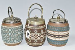 THREE DOULTON SILICON WARE BISCUIT BARRELS, comprising a Doulton Silicon Mosaic Ware biscuit