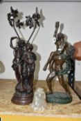 A LAMP BASE, SCULPTURE AND LAMP SHADE, comprising a bronzed and coloured resin figural sculpture,