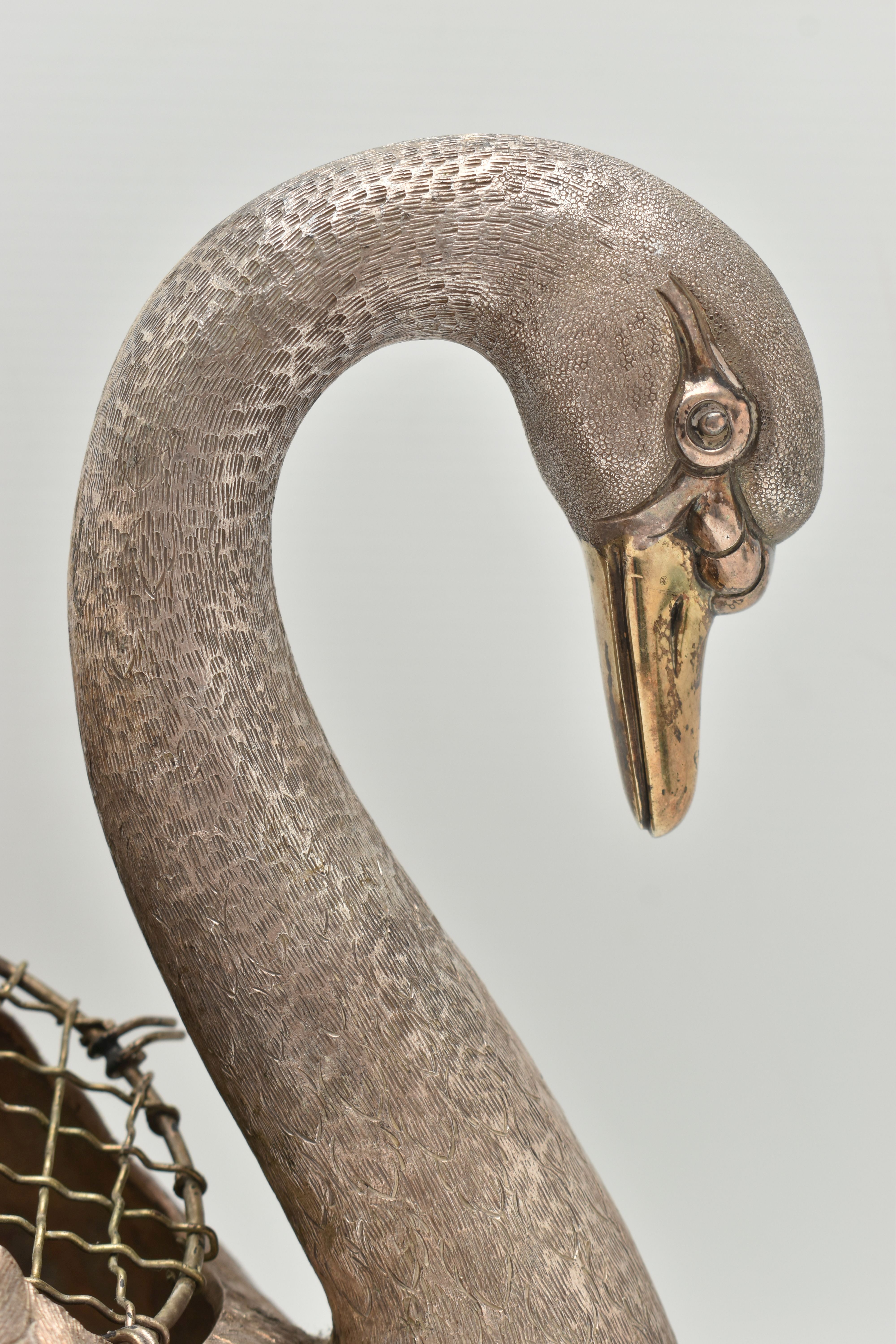 AN ELIZABETH II SILVER FLORAL CENTREPIECE, realistically textured swan with a gold plated beak, open - Image 6 of 10