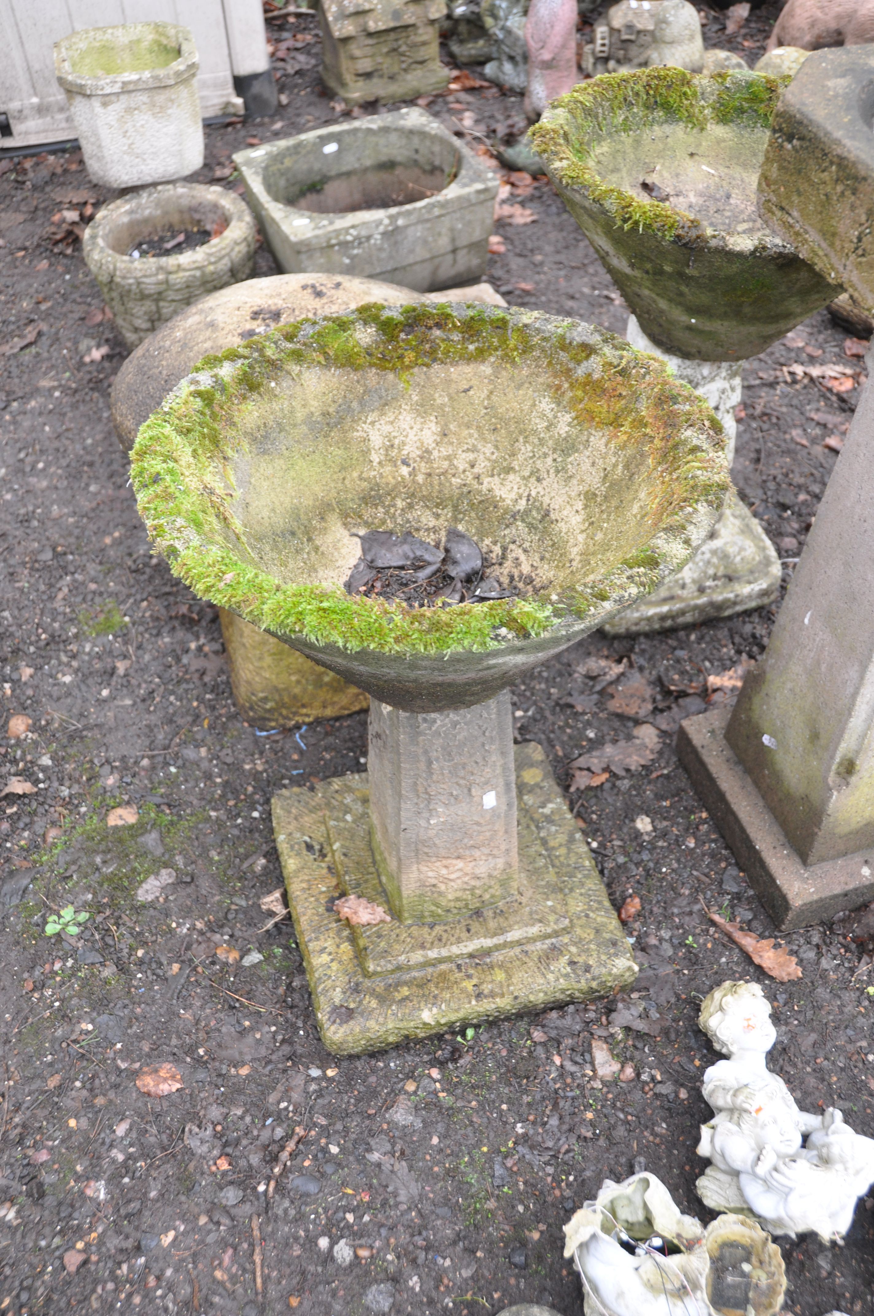 A MODERN COMPOSITE BIRD BATH 83cm high, a modern composite staddle stone 55cm high, two pedestals - Image 3 of 4