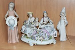 AN UNTERWEISSBACH FIGURE GROUP AND TWO LLADRO FIGURES, comprising an Unterweissbach figure group