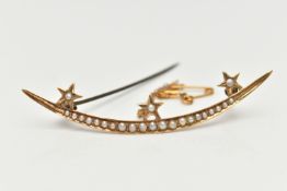 A SEED PEARL BROOCH, designed as three stars atop a crescent shape line, all set with split