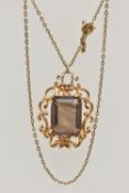 A 9CT SMOKY QUARTZ PENDANT NECKLACE, the rectangular smoky quartz in a claw setting to the scrolling