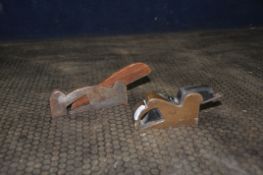 TWO SMALL VINTAGE REBATE PLANES one constructed from brass with a black wooden blade holder