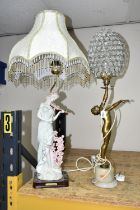 TWO FIGURAL TABLE LAMPS, to include an art deco style lamp, in the form of a gilt female figure