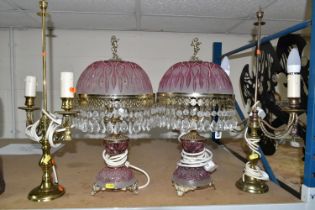 A GROUP OF TABLE LAMPS, comprising a pair of gilt metal lamp bases with two bulb fittings on each,