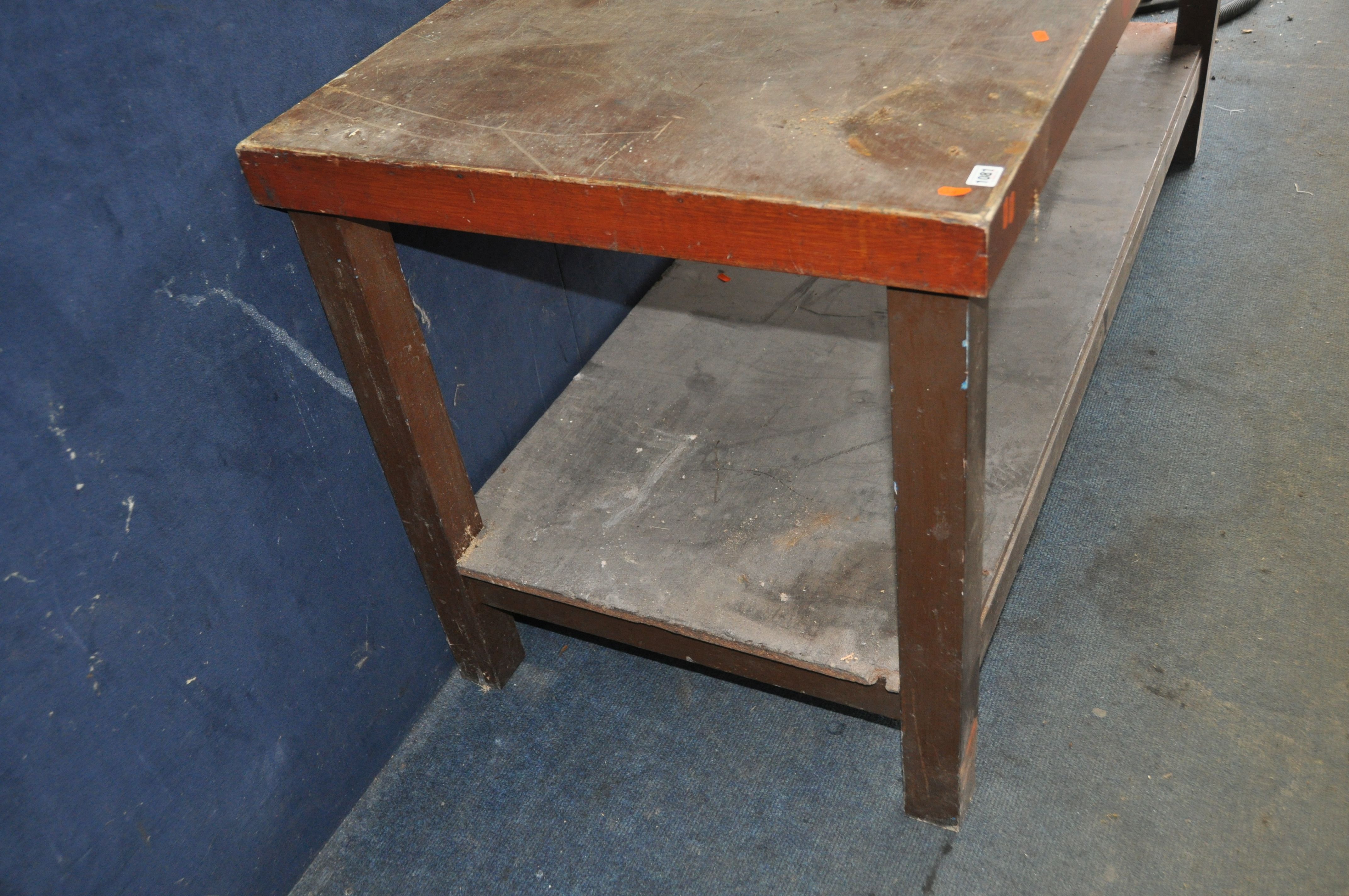 A BESPOKE WORKSHOP TABLE/BENCH constructed from painted pine frame, plywood top and hardboard - Image 2 of 2