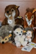 A GROUP OF FIVE STEIFF WOODLAND CREATURES, comprising Bobby Beaver 071652, Niki Squirrel 045141,