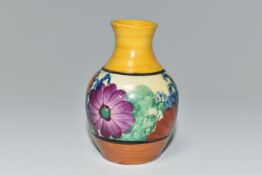 A CLARICE CLIFF MINIATURE VASE, in Gayday pattern, painted with orange, red, blue and purple