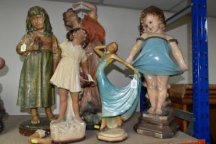 FIVE EARLY 20TH CENTURY PLASTER FIGURES, comprising an Art Deco style lady, 'The Shy Girl', 'Bonne