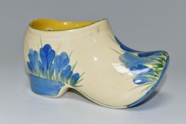 A CLARICE CLIFF SMALL SABOT/CLOG, in Blue Crocus pattern, painted with the blue flowers on the toe