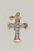 A 9CT GOLD DIAMOND CROSS PENDANT, the tapered cross channel set with eleven brilliant cut