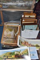 A BOX AND LOOSE ASSORTED PICTURES AND PRINTS ETC, to include original Railway carriage prints M.V.
