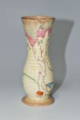 A CLARICE CLIFF 'TAOMINA' PATTERN VASE, the footed ribbed vase of elongated baluster form, painted
