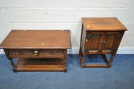 AN OLD CHARM COFFEE TABLE, with two double sided drawers, on turned legs, united by an undershelf,