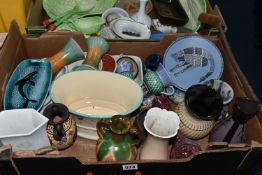 TWO BOXES OF CERAMICS, to include Carlton Ware 'Lettuce leaf' tableware, a pair of mid-century green
