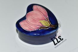 A MOORCROFT POTTERY 'MAGNOLIA' PATTERN TRINKET BOX, heart shaped box and cover, tube lined with a