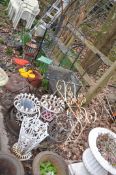 A LARGE COLLECTION OF METAL GARDEN FURNITURE including a cast iron umbrella shaped umbrella stand, a