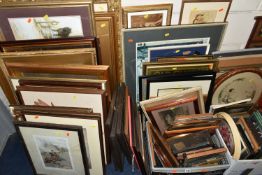 TWO BOXES AND LOOSE ASSORTED PRINTS ETC, to include a pair of oval J. Dorval etchings, Albert Holden
