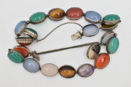 TWO MULTI-GEM CABOCHON BRACELETS, gems include tiger's eye and chalcedony, to the push piece clasps,