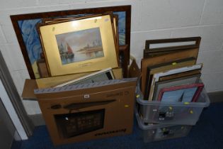 THREE BOXES OF 20TH CENTURY PAINTINGS AND PRINTS, to include two G Fratelli Venetian watercolours,