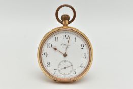 A YELLOW METAL OPEN FACE POCKET WATCH, manual wind, round white Arabic numeral dial signed 'T
