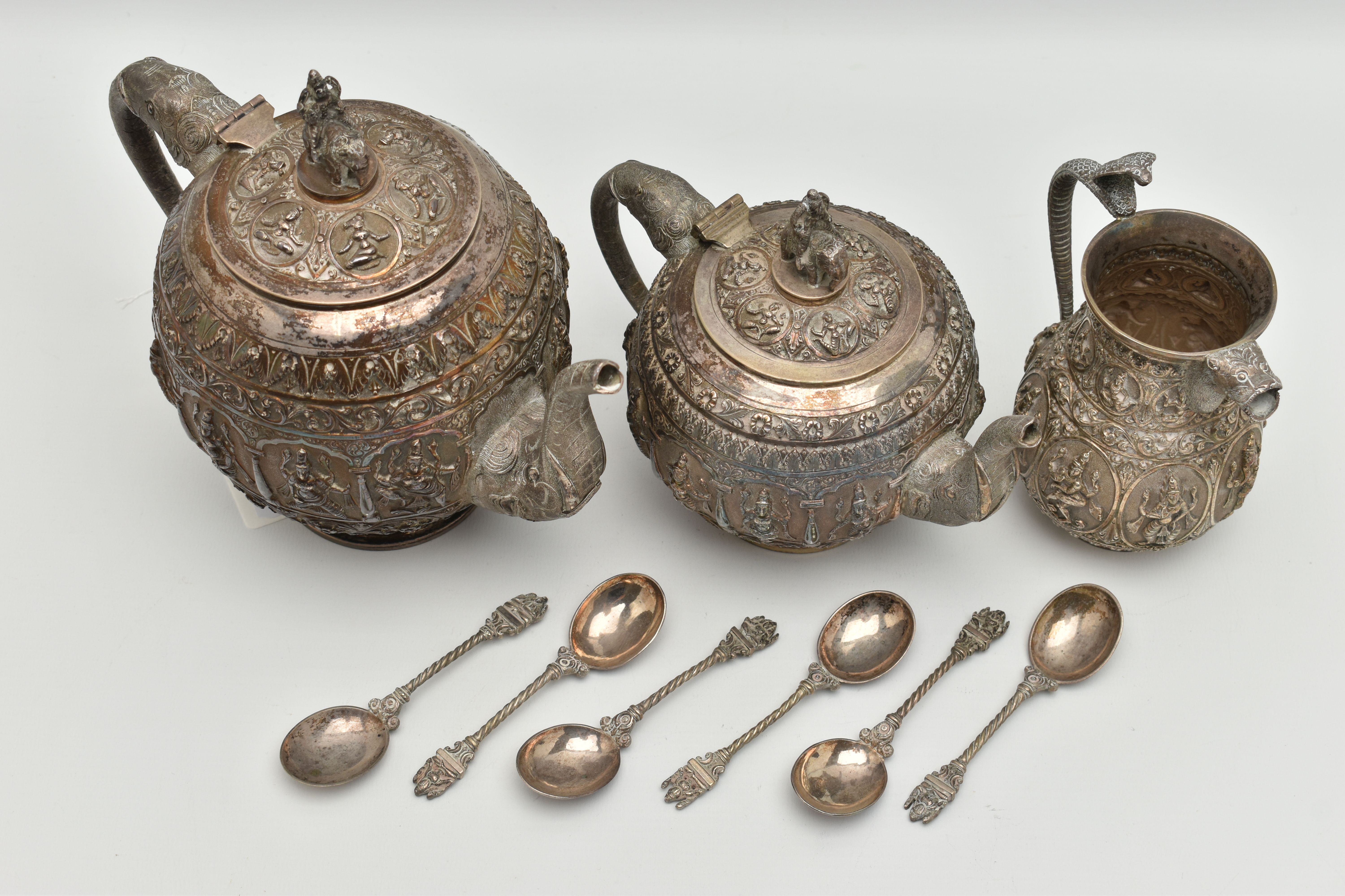A LATE 19TH CENTURY INDIAN TEA SET, to include a tea pot, water pot, milk jug and six spoons, all - Image 2 of 5