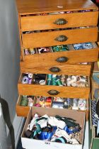 A QUANTITY OF ASSORTED SEWING THREAD AND COTTON ETC., all contained in a pair of three drawer wooden