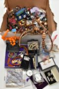 A BOX OF COSTUME JEWELLERY AND ITEMS, to include beaded necklaces, imitation pearl necklaces, four