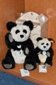 TWO STEIFF PANDA TED, no's.010637 and 010620, heights 42cm and 28cm respectively, with tags and