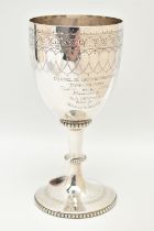 A LATE VICTORIAN SILVER TROPHY CUP, engraved pattern, inscription reads 'Chapel En LeFrinth Golf